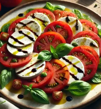 La sugerencia de presentación de la receta de ensalada caprese. COmo parte de un menú de brunch