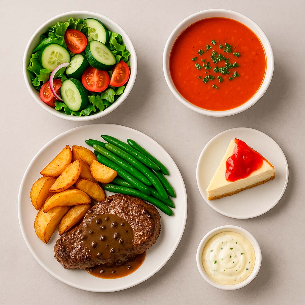 un menú completo y delicioso, compuesto de: una ensalada, un gazpacho, un solomillo de ternera con patatas gajo y judías verdes con salsa tártara para untar