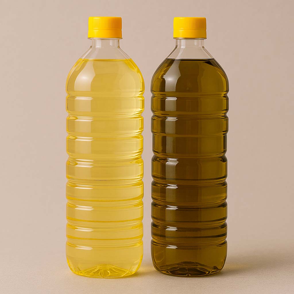 dos botellas de aceite, una de aceite de girasol y otra de aceite de oliva, básicos para hacer frituras