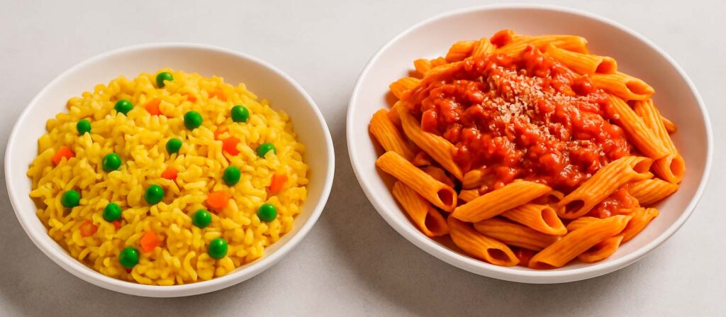 un plato de arroz junto a otro de macarrones con tomate listos para consumir