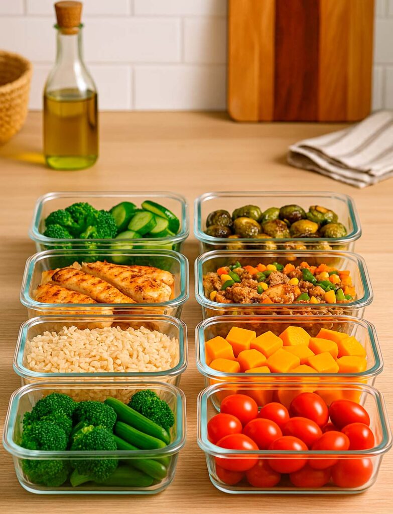 unos tuppers de cristal con comida preparada para el batch cooking