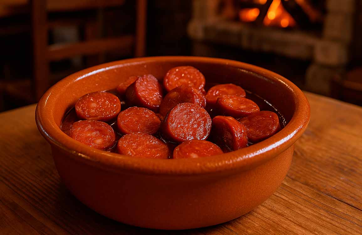 una cazuela con una receta de chorizo a la sidra como parte de un menú de sidrería