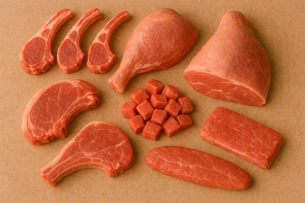 una amplia variedad de diferentes carnes del cordero