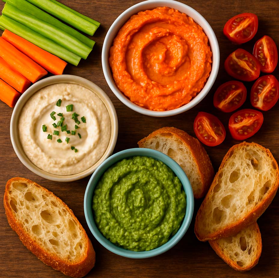 una variedad de salsas para mojar con pan y crudites para acompañar