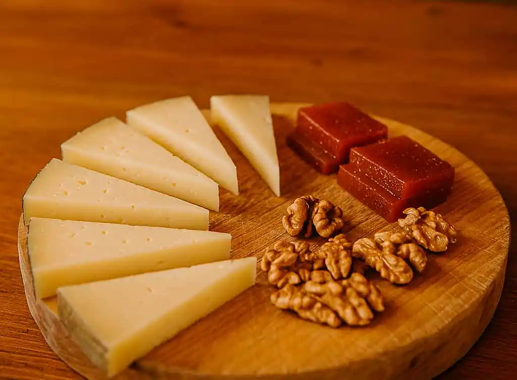 una sugerencia de presentación de la receta de dulce de membrillo que forma parte de un menú de sidrería