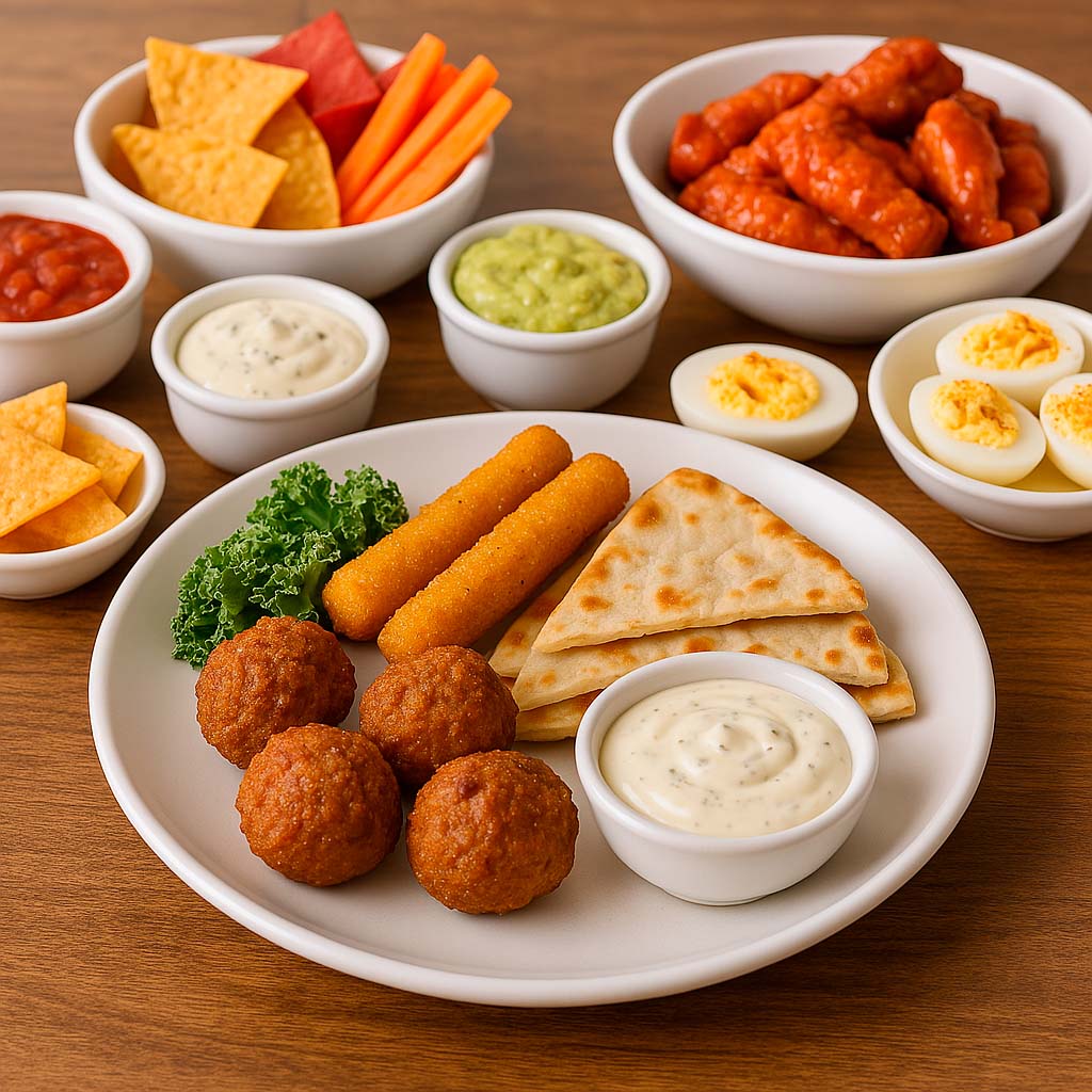 un amplio surtido de entrantes frios y calientes para compartir listos para consumirse