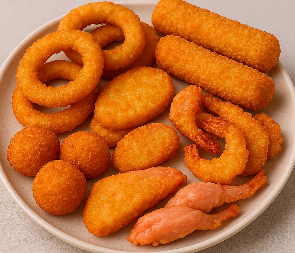 una amplio surtido de frituras. Con calamares a la romana, nuggets de pollo, fingers de queso
