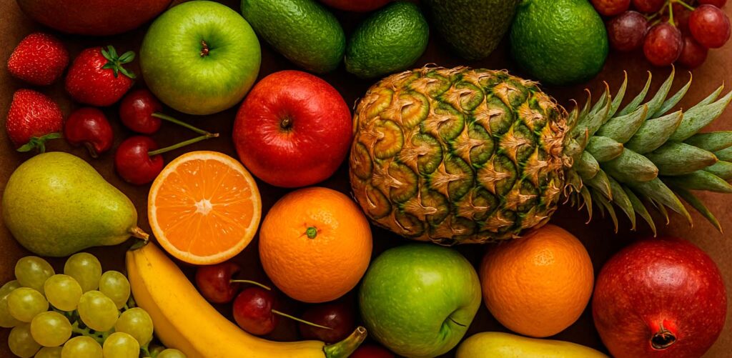 Una amplia variedad de frutas, que son parte del grupo, frutas, verduras y hortalizas