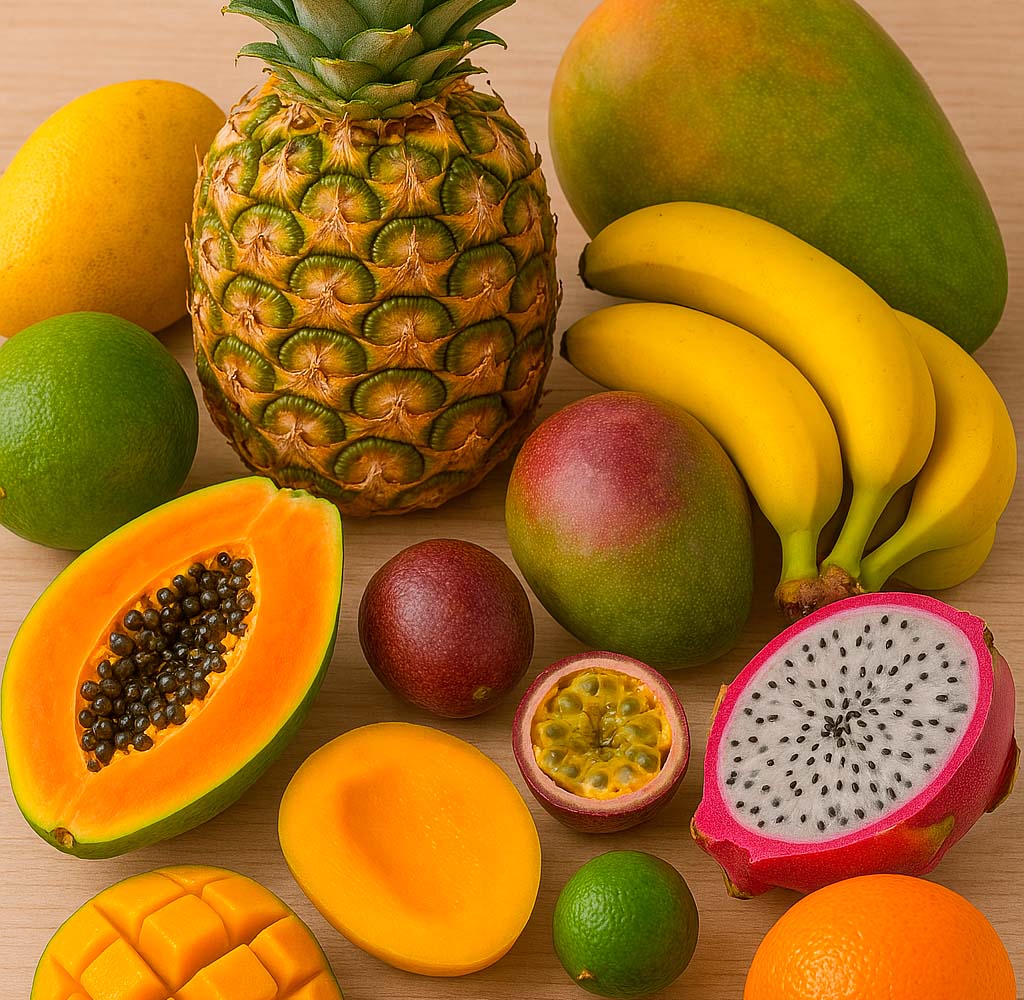 una amplia variedad de frutas tropicales