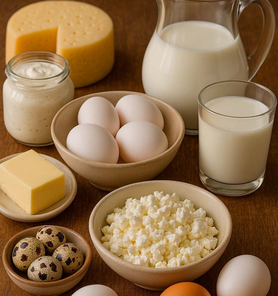 una amplia variedad de lácteos y huevos