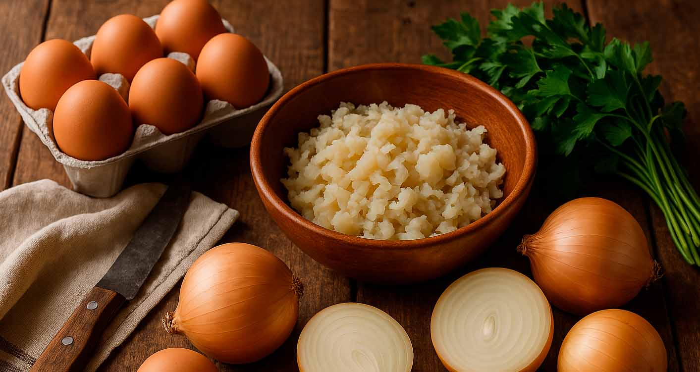 unos ingredientes frescos de la receta de tortilla de bacalao
