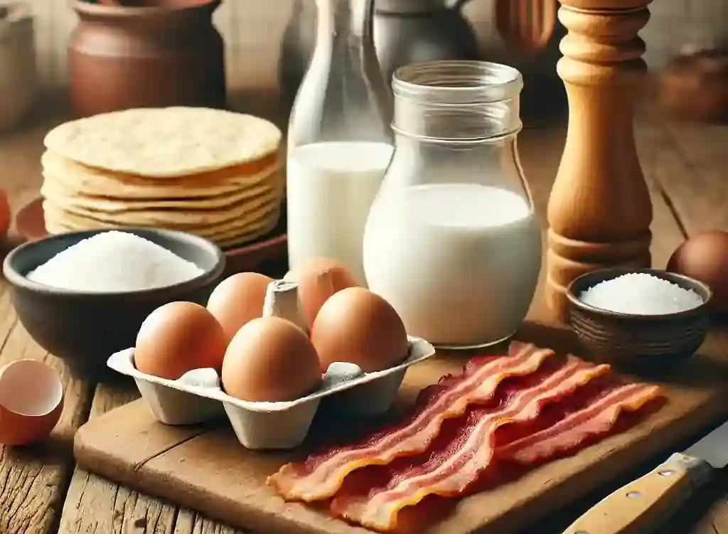 Los ingredientes necesarios para la receta de tacos de huevos revueltos y bacon