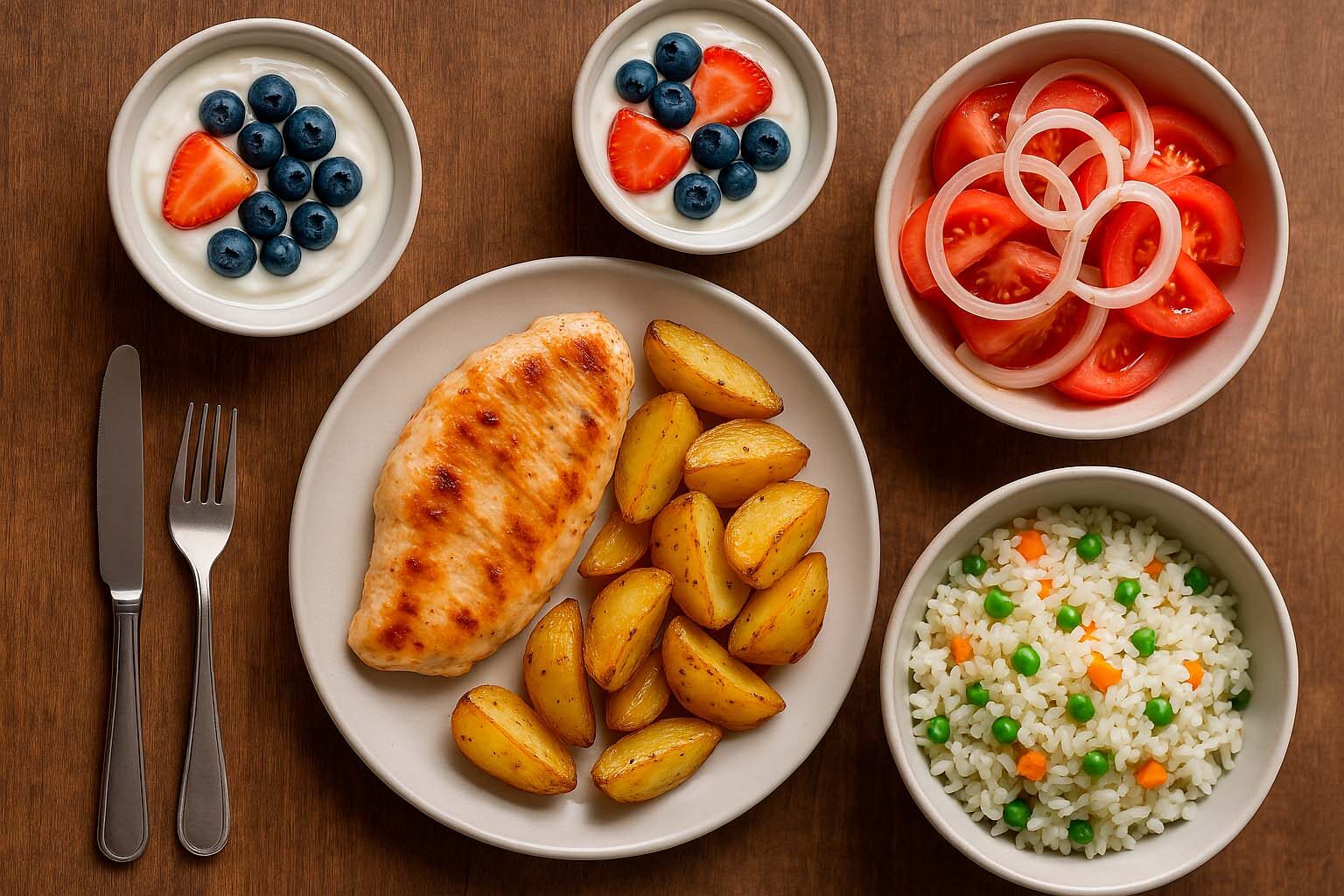 Un menu ligero y fácil. Compuesto por: Una ensalada de tomate, una pechuga a la plancha con patatas al horno, un arroz con verduras y unos arándanos con fresas