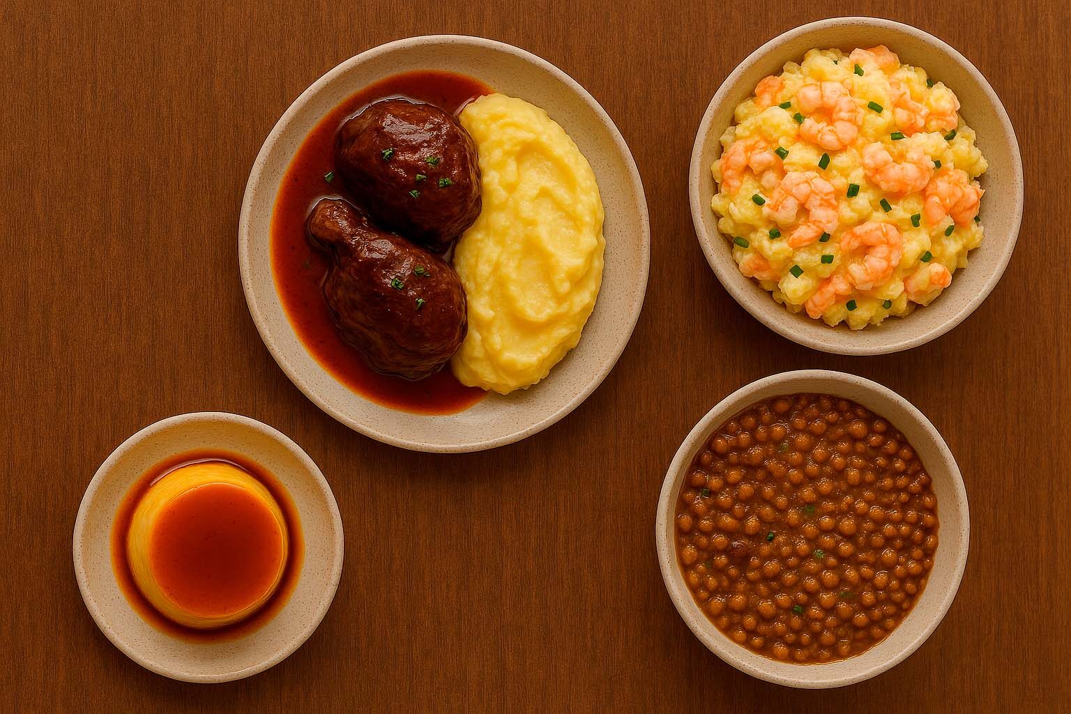 Un menú completo de Domingo, compuesto por: Una ensaladilla de patata y gambón, lentejas estofadas, carrilleras guisadas al vino tinto con puré de patata y flan casero