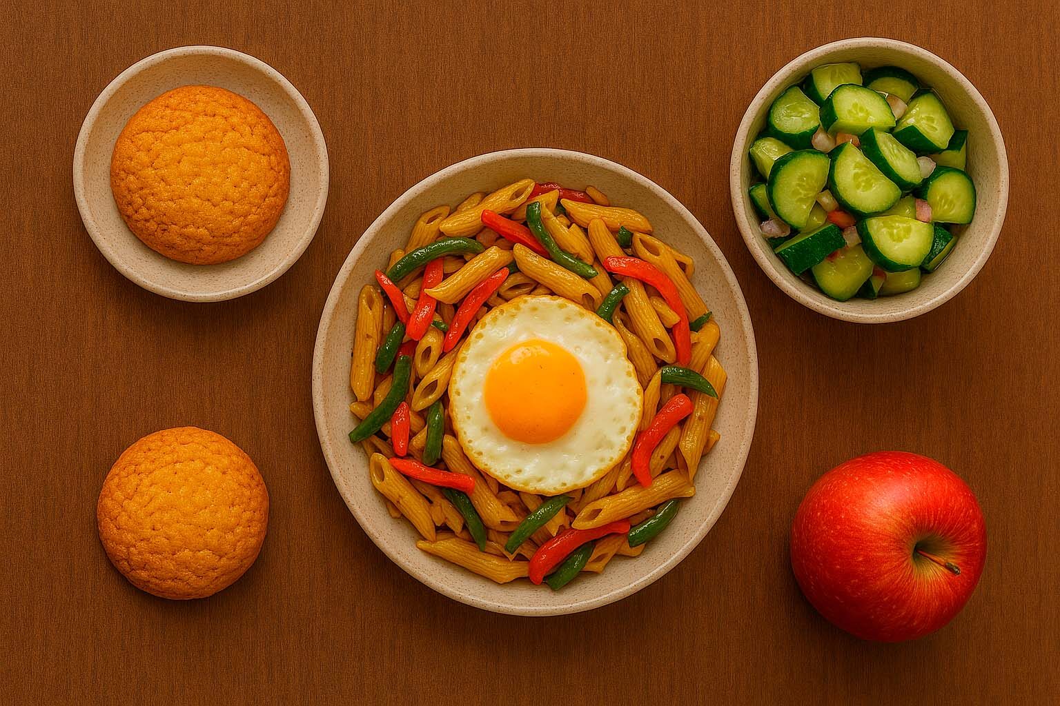 Un menú rápido para entre semana compuesto de: Pepino en vinagreta, Pasta con verduras salteadas y huevo a la plancha y una pieza de fruta con una galleta casera