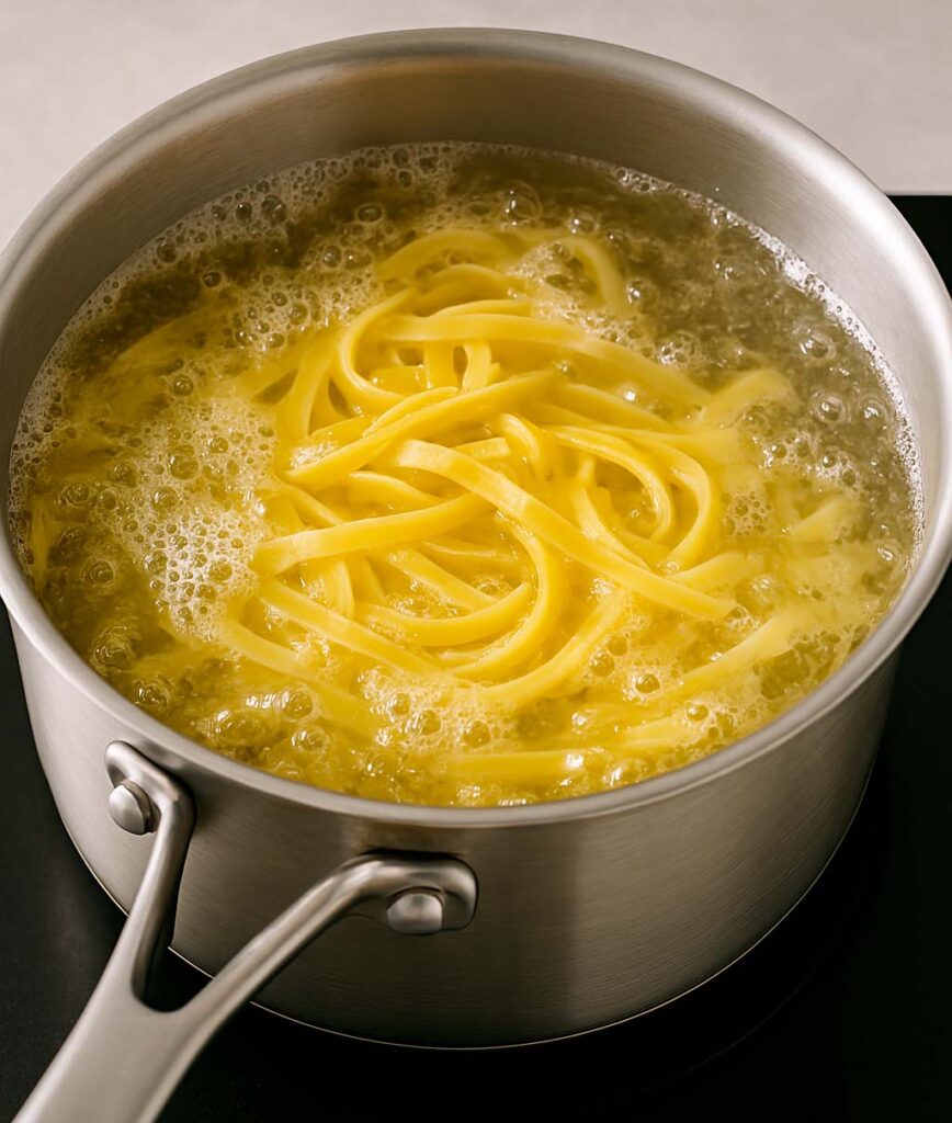 una olla con agua hirviendo y pasta cociendose,