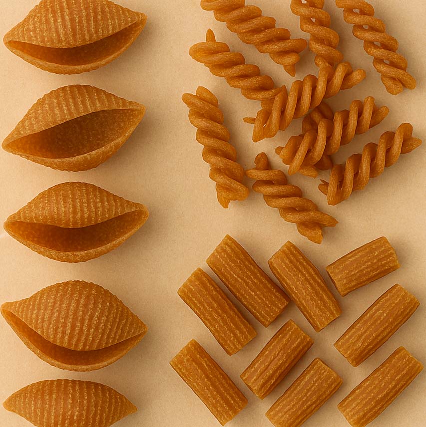 pasta integral y sin gluten farfalle, fusilli, conchiglie, listos para acompañarlos de salsas para pasta