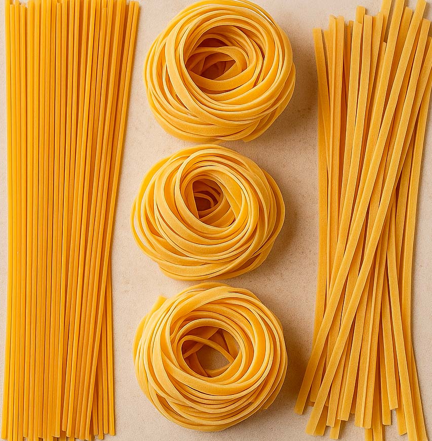 pasta larga. espaguetis, tallarines y fettuccine, listos para acompañarlos de salsas para pasta