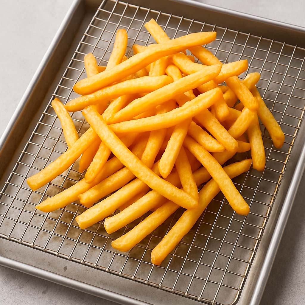 una bandeja para escurrir el aceite sobrante de las frituras, escurriendo una patatas fritas