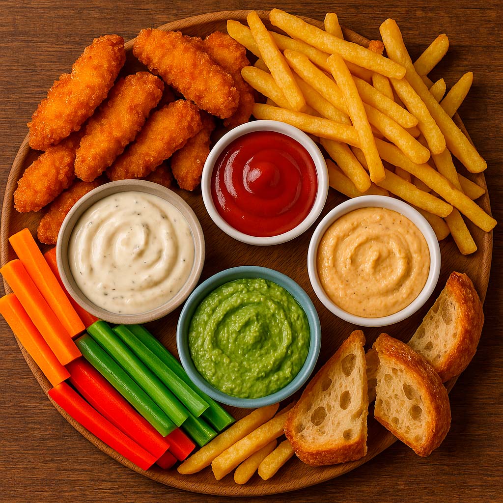 una amplia variedad de salsas para mojar, fingers de pollo, patatas fritas y crudites de verduras con sus salsas para untar