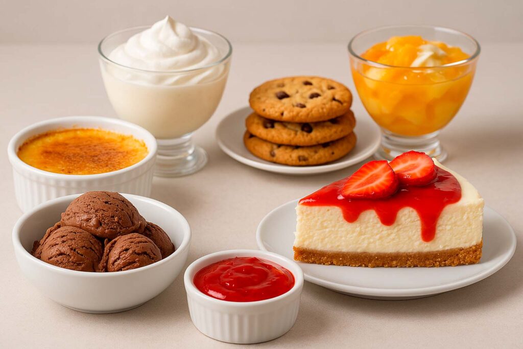 un amplio surtido de postres. incluye postres de cuchara, postres de horno, postres con fruta