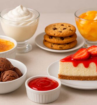 un amplio surtido de postres. incluye postres de cuchara, postres de horno, postres con fruta