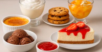un amplio surtido de postres. incluye postres de cuchara, postres de horno, postres con fruta