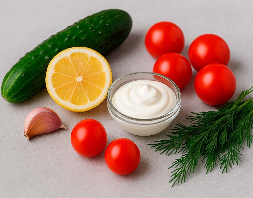una selección de productos frescos listos para preparar salsas frías y ligeras