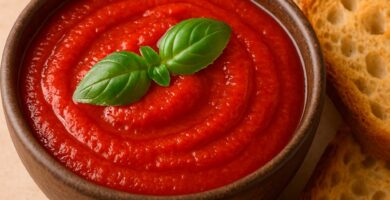 un recipiente con salsa casera de tomate con unas hojas de albahaca de decoración junto con una srebanadas de pan para untar