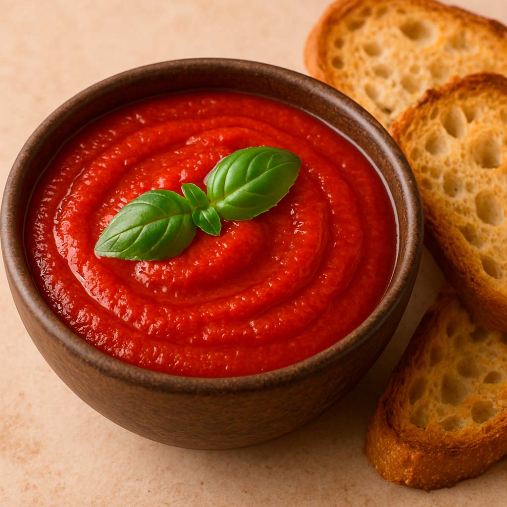 un recipiente con salsa casera de tomate con unas hojas de albahaca de decoración junto con una srebanadas de pan para untar