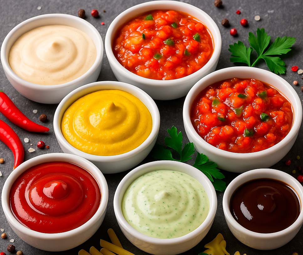 una amplia variedad de salsas del mundo, mostaza, barbacoa, ají, pico de gallo
