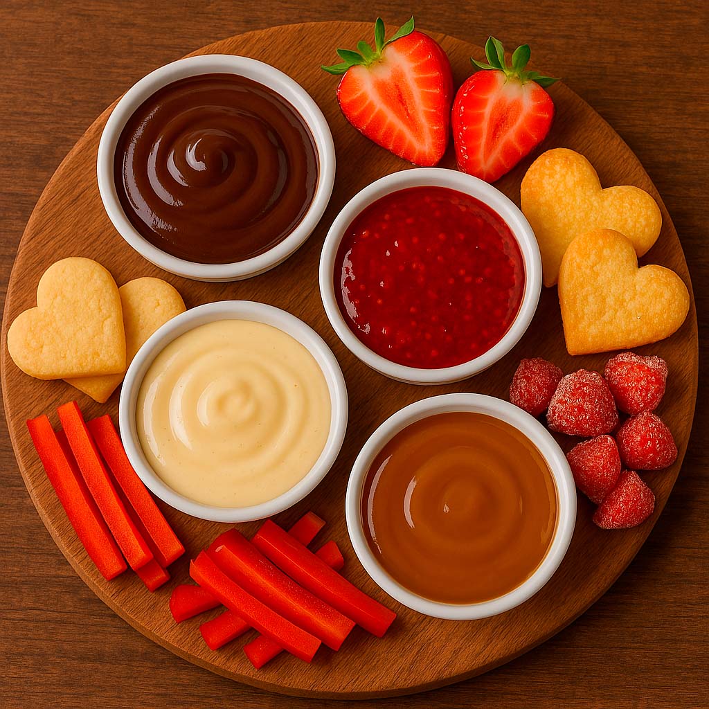 un surtido de salsas dulces listas para comer junto con galletas y fruta