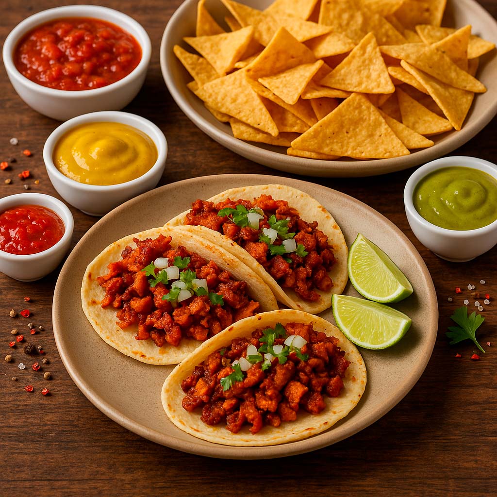 una mesa con tacos y nachos preparados con varias salsas del mundo alrededor