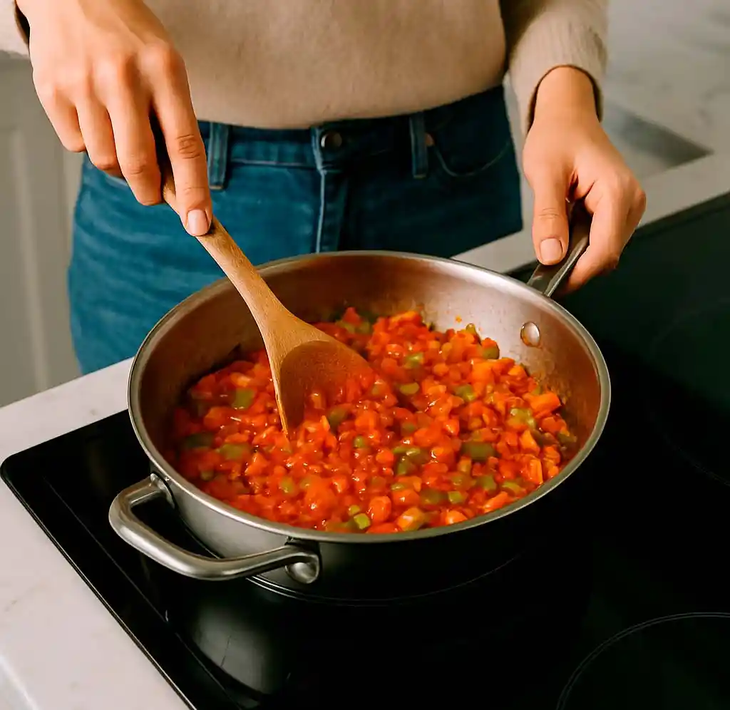 una persona haciendo una receta de salsa casera en casa