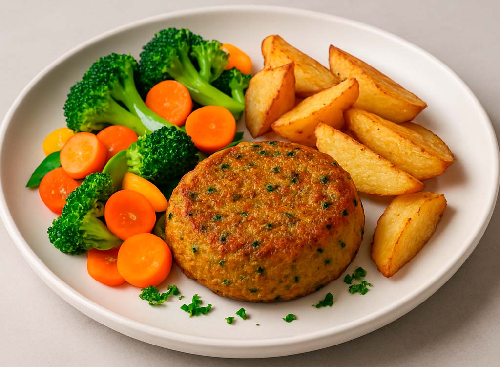 una hamburguesa vegana con patatas fritas